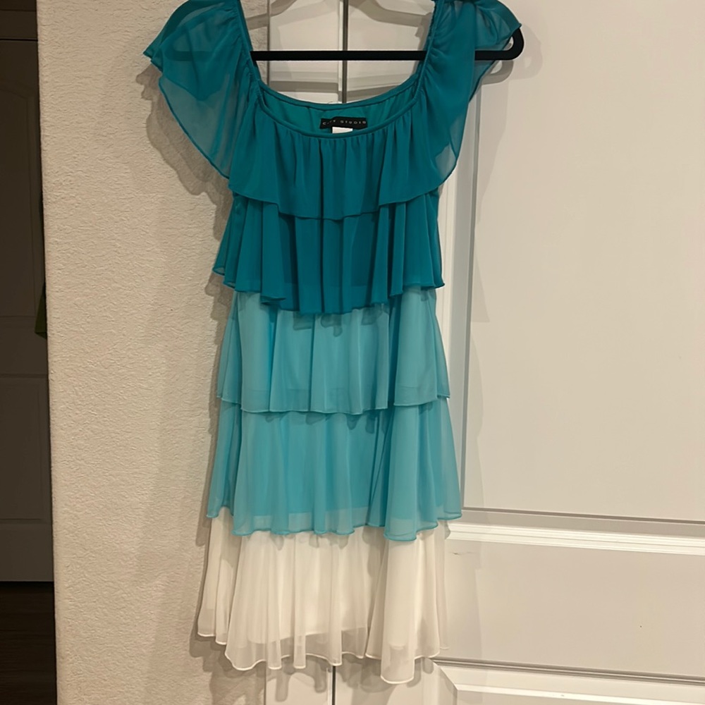 City Studio Off the Shoulder Dress - Multi Blue Color - Ruffled - Polyester